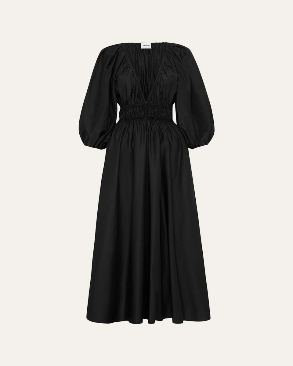 Shirred Plunge Balloon-Sleeve Mini Dress